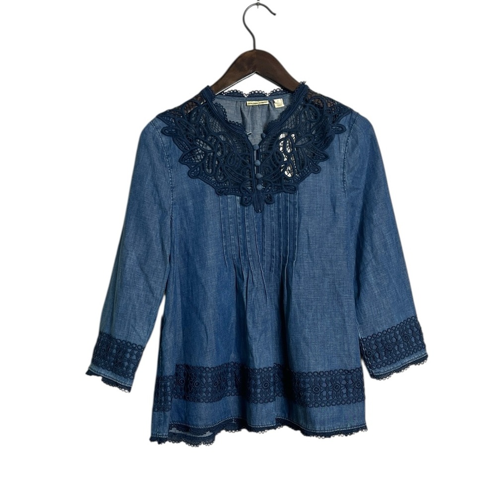 Anthropologie Holding Horses Top Perra Popover Pleated Chambray size 2 - Picture 2 of 9